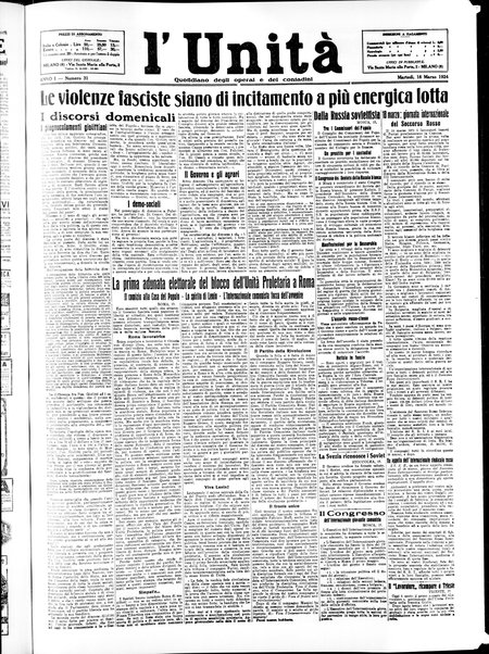 L'Unità : quotidiano degli operai e dei contadini